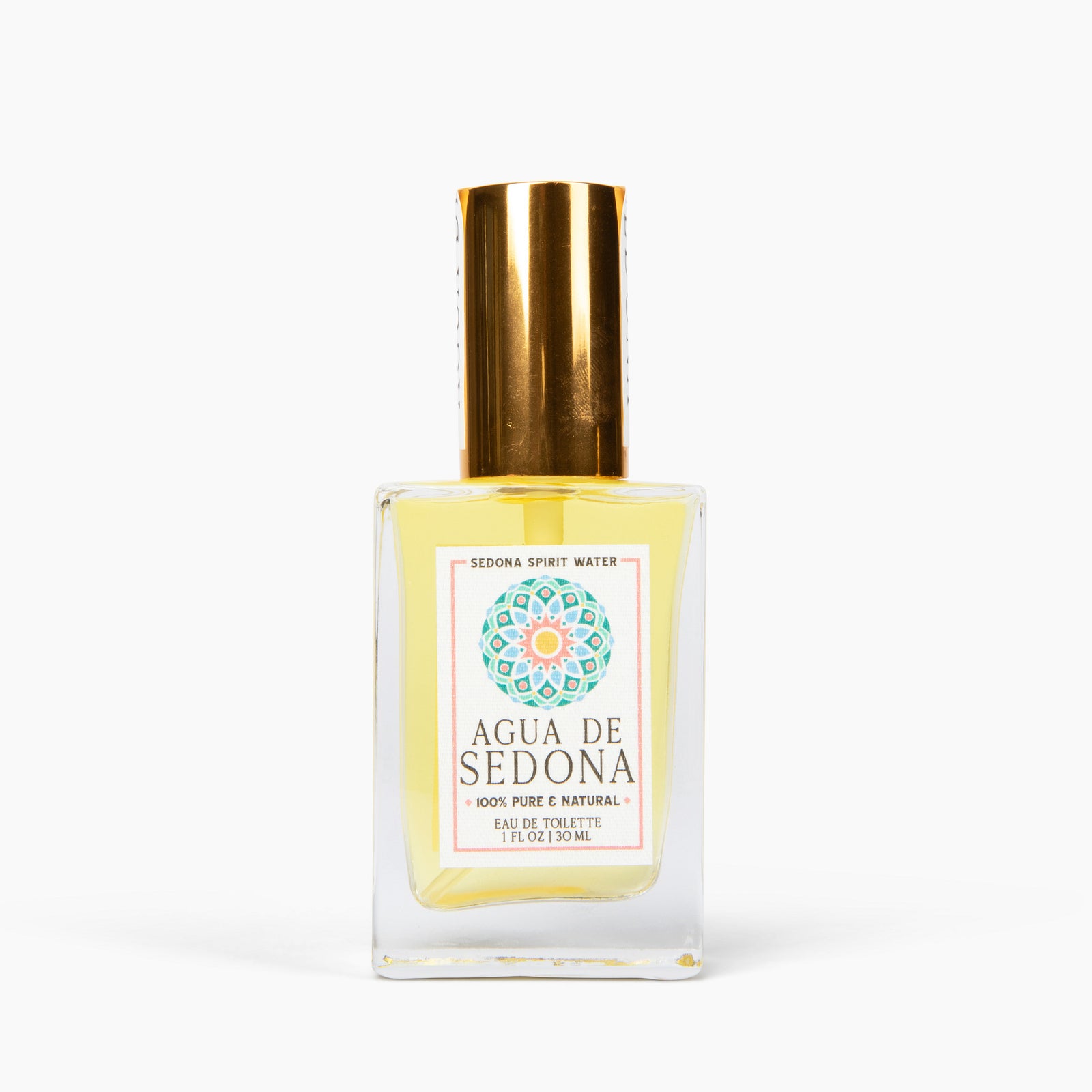 Agua de Sedona Eau de Toilette bottle with gold cap, labeled 100% pure and natural.